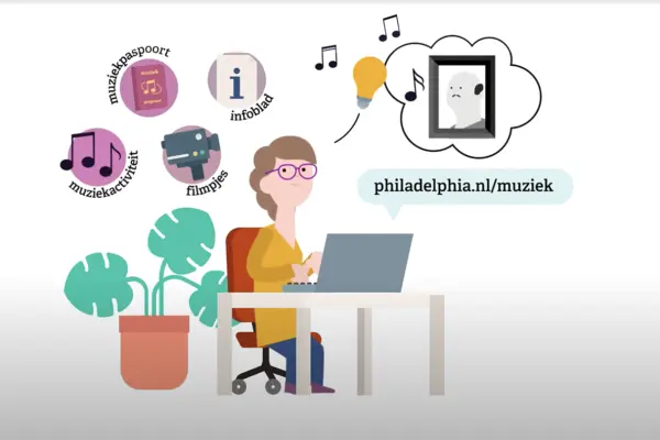 llustratie van een persoon achter een laptop met informatie over muziekactiviteiten