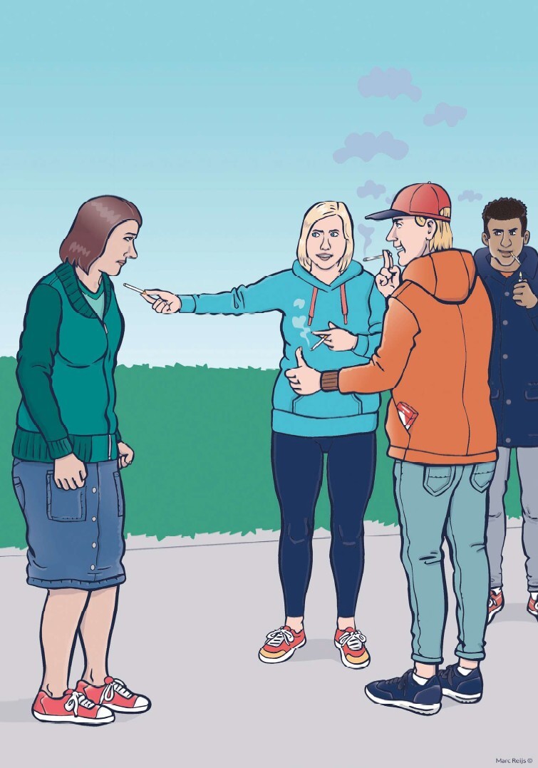 Groep probeert iemand aan het roken te krijgen